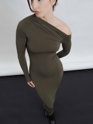 VESTIDO CAQUI ASIMETRICO MIDI